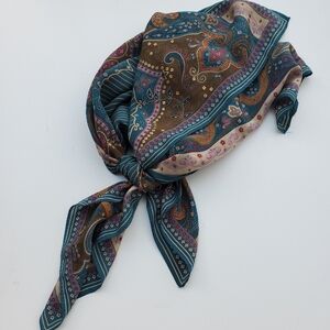 Liz Claiborne Vintage Silk Scarf Green Stripes Art Deco Fligree Gold Flower